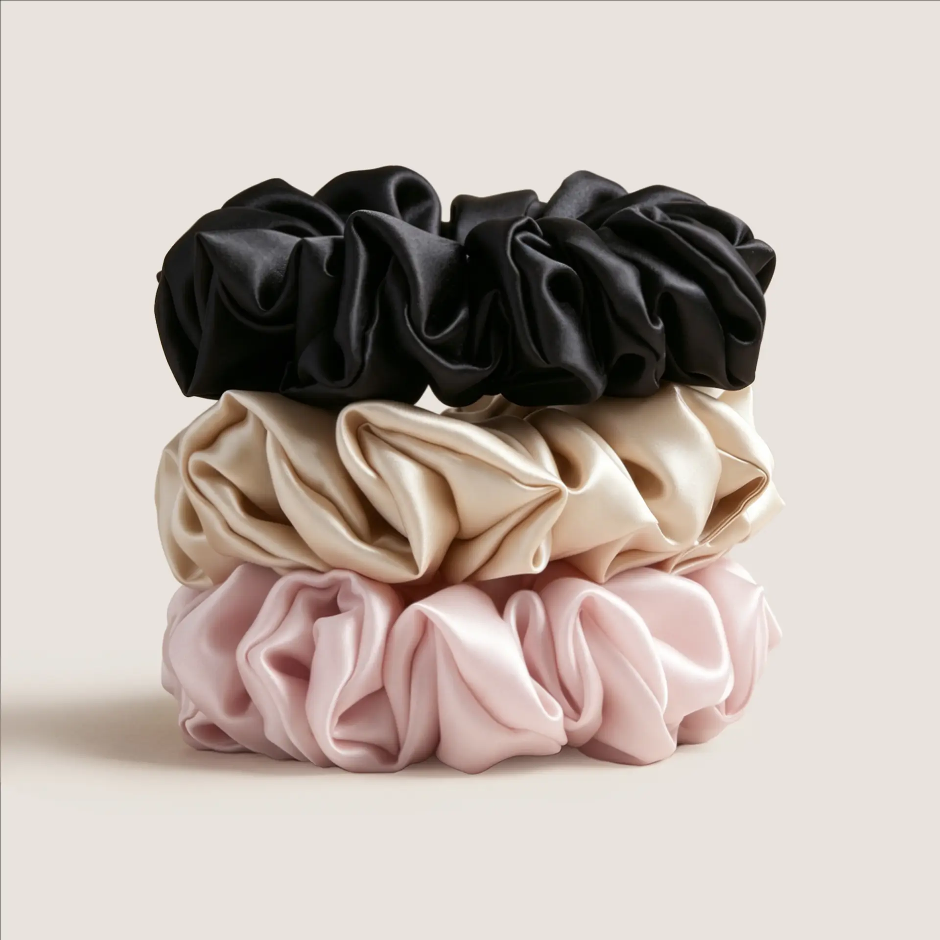 Set van 3 zijden scrunchies van 19 momme in Midnight Black, Champagne Beige en Soft Blush