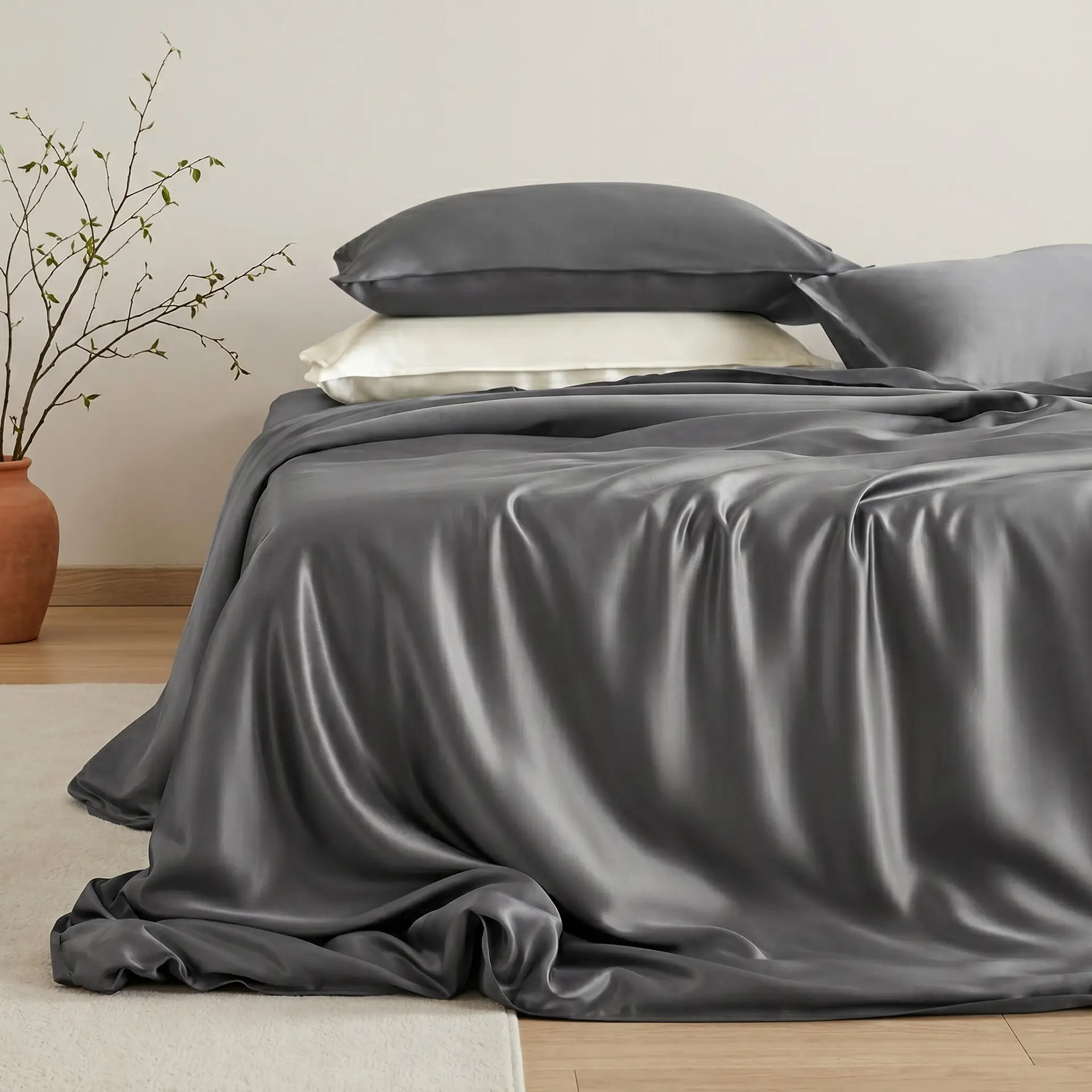 Parure de lit en soie de mûrier gris argenté 19 momme