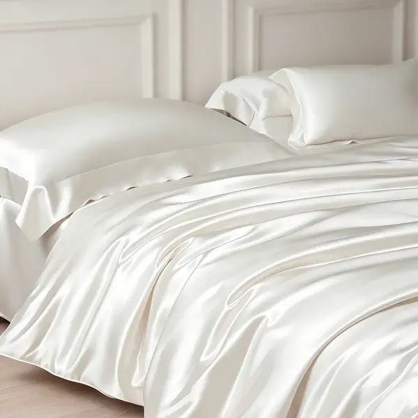 Letto rifatto con piumino e cuscini avorio chiaro in una camera ombreggiata e fresca