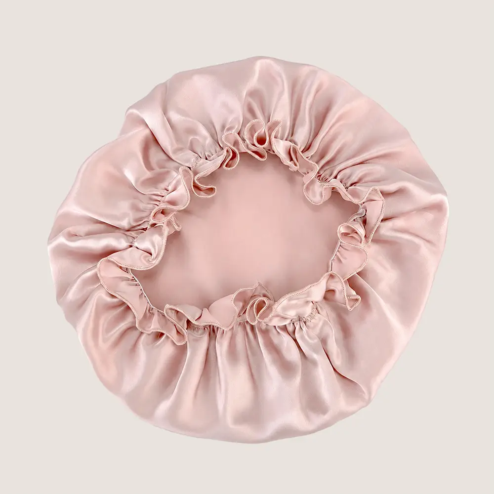 Roze slaapmuts van pure moerbeizijde, 19 momme, met delicate ruches