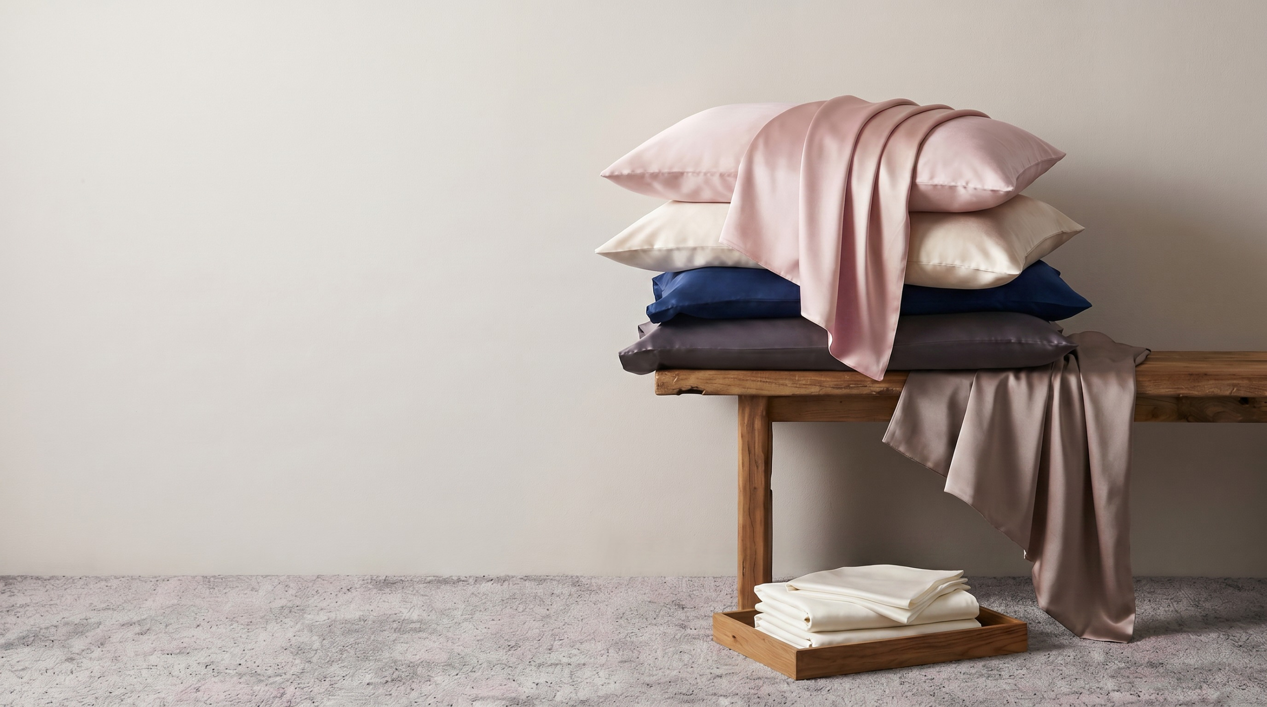 Pila di federe di seta rosa, avorio, blu navy e grigie su una panca di legno.