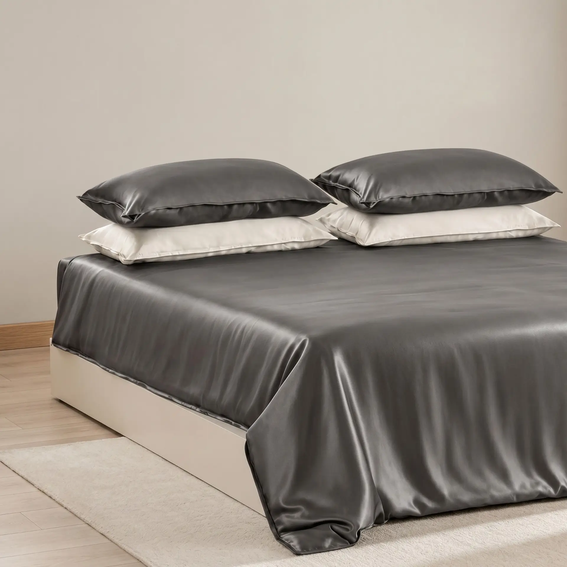 Détail du tissage d'une parure de lit en soie de mûrier gris argenté