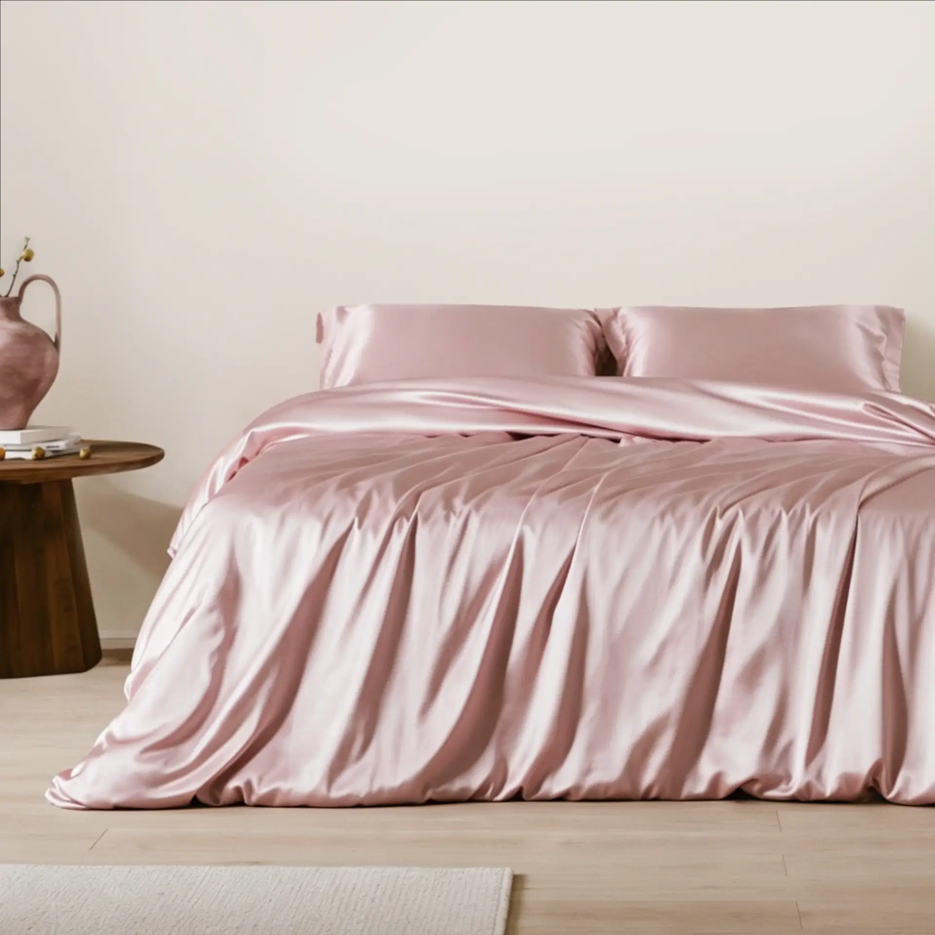 Roze zijden kussenslopen op een bed