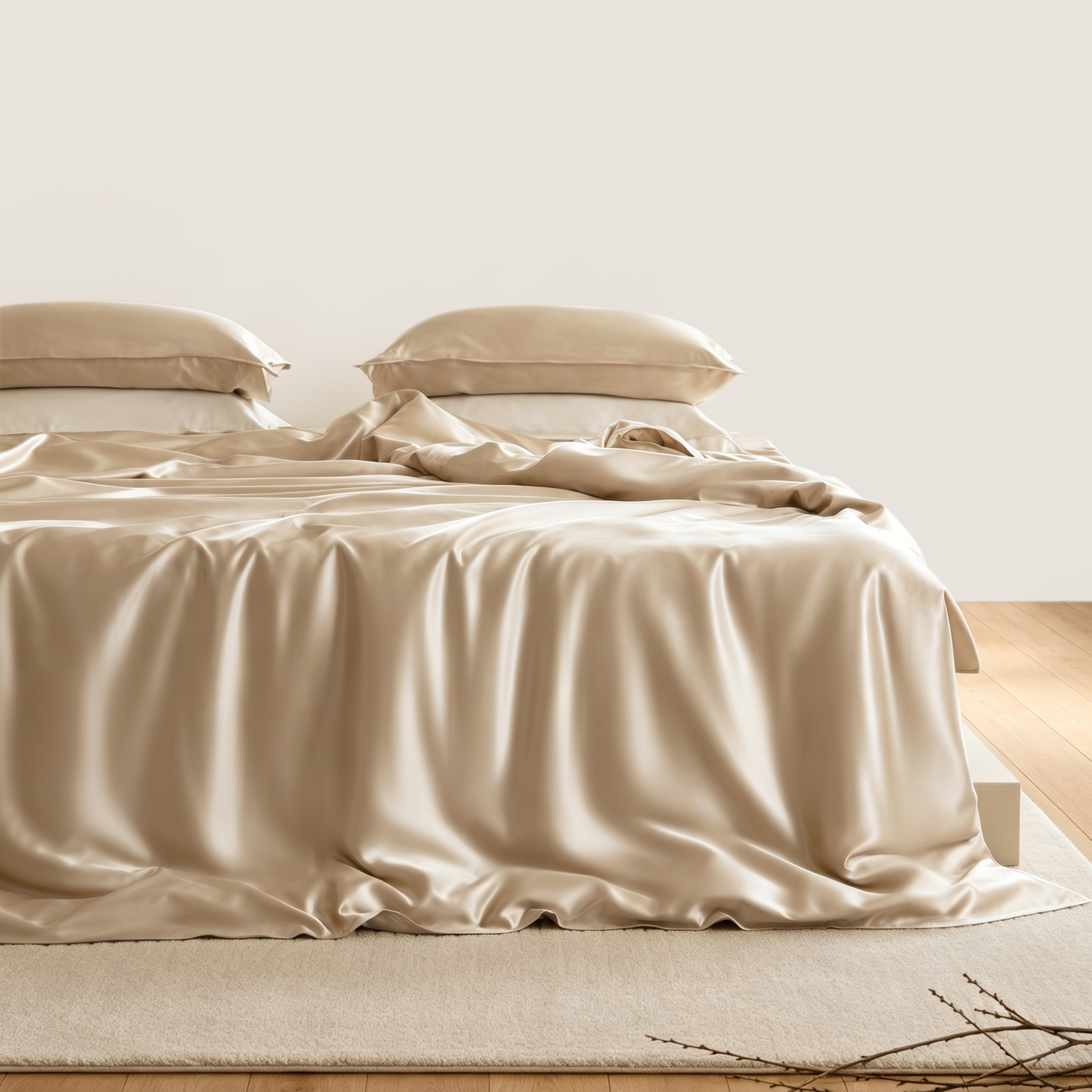 linge de lit en soie de mûrier champagne disposé sur un lit