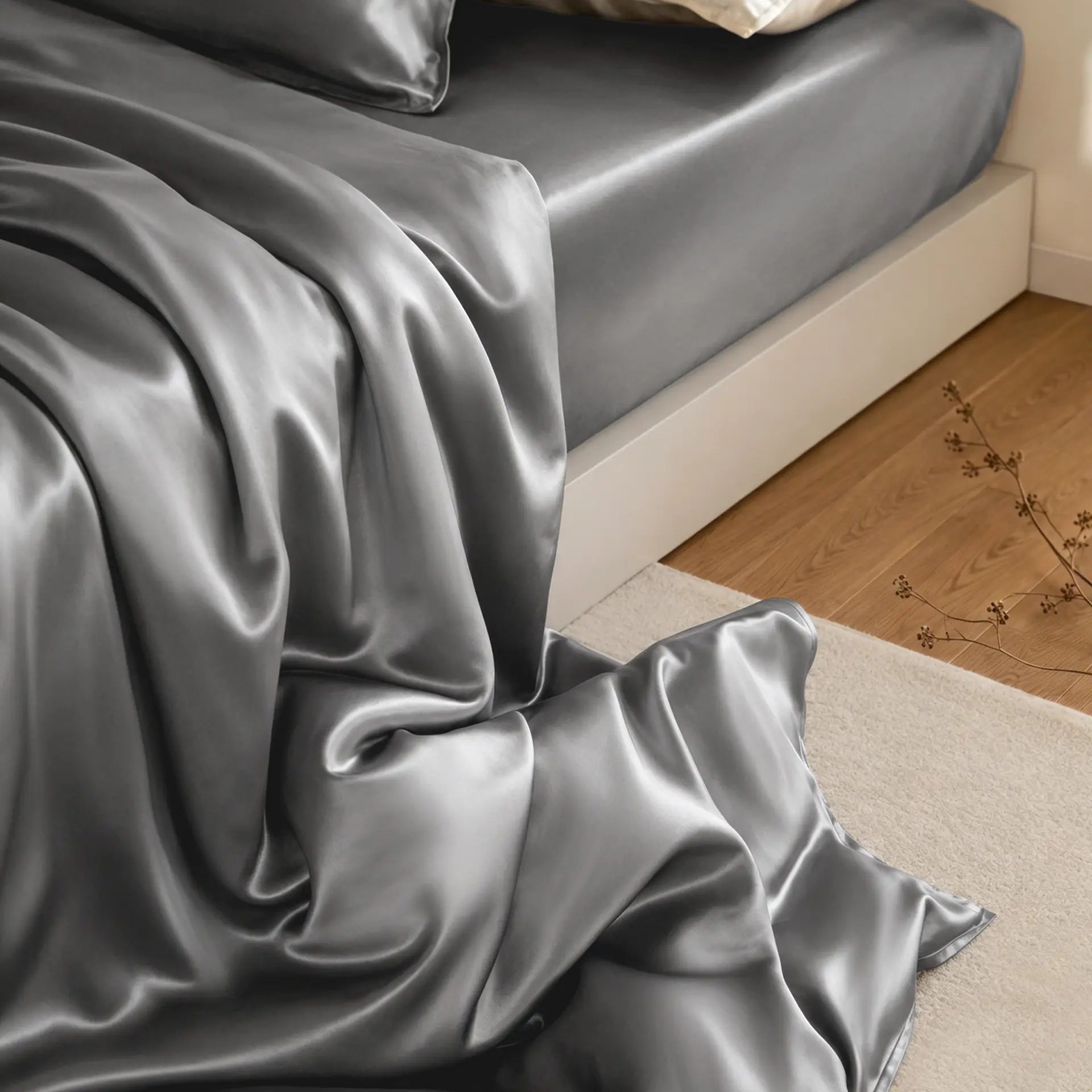 Des draps en soie de mûrier grise drapés sur le côté d'un lit
