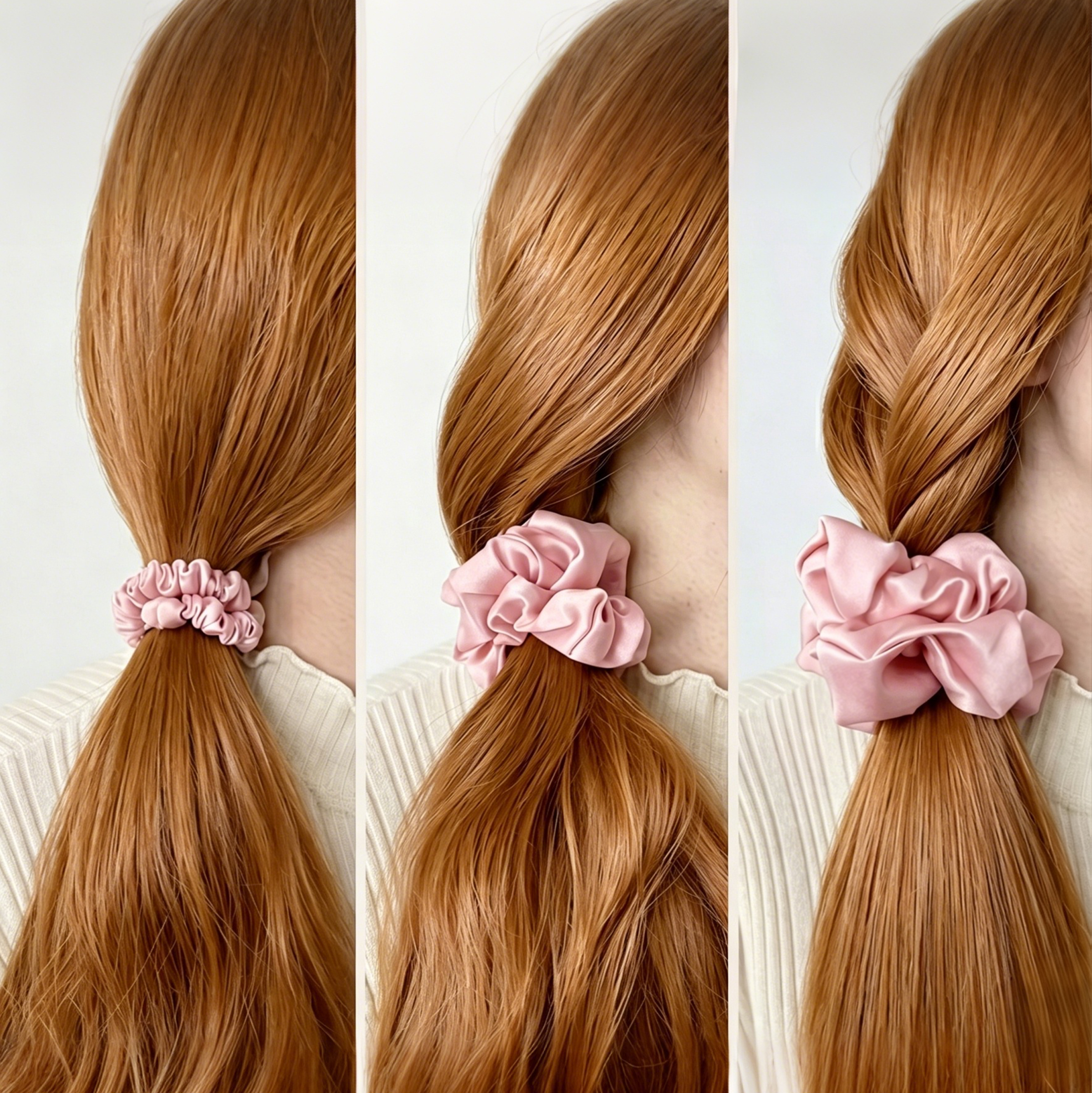 Roze zijden scrunchies in drie maten in lang haar, naast elkaar vergeleken