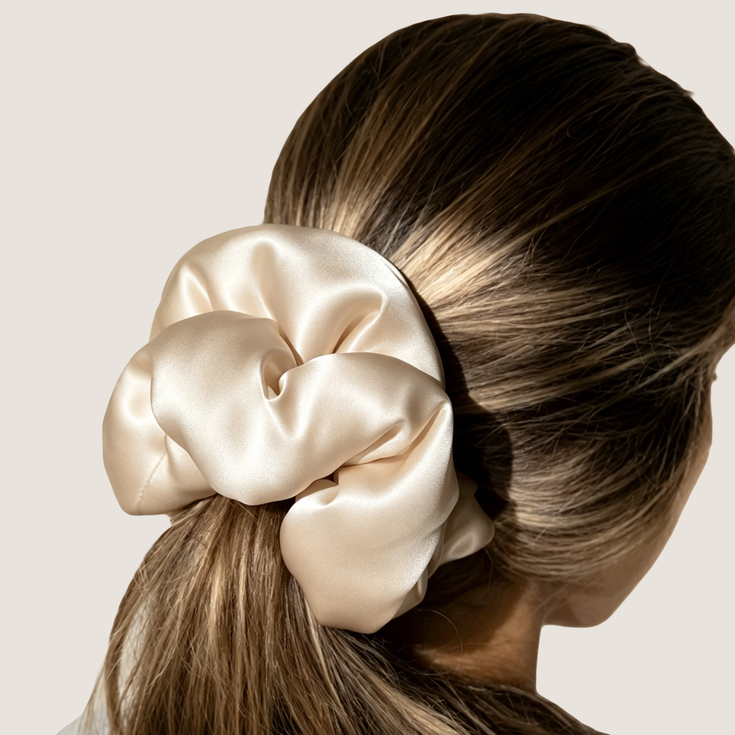 Oversized champagnekleurige zijden scrunchie die lang bruin haar bijeenhoudt