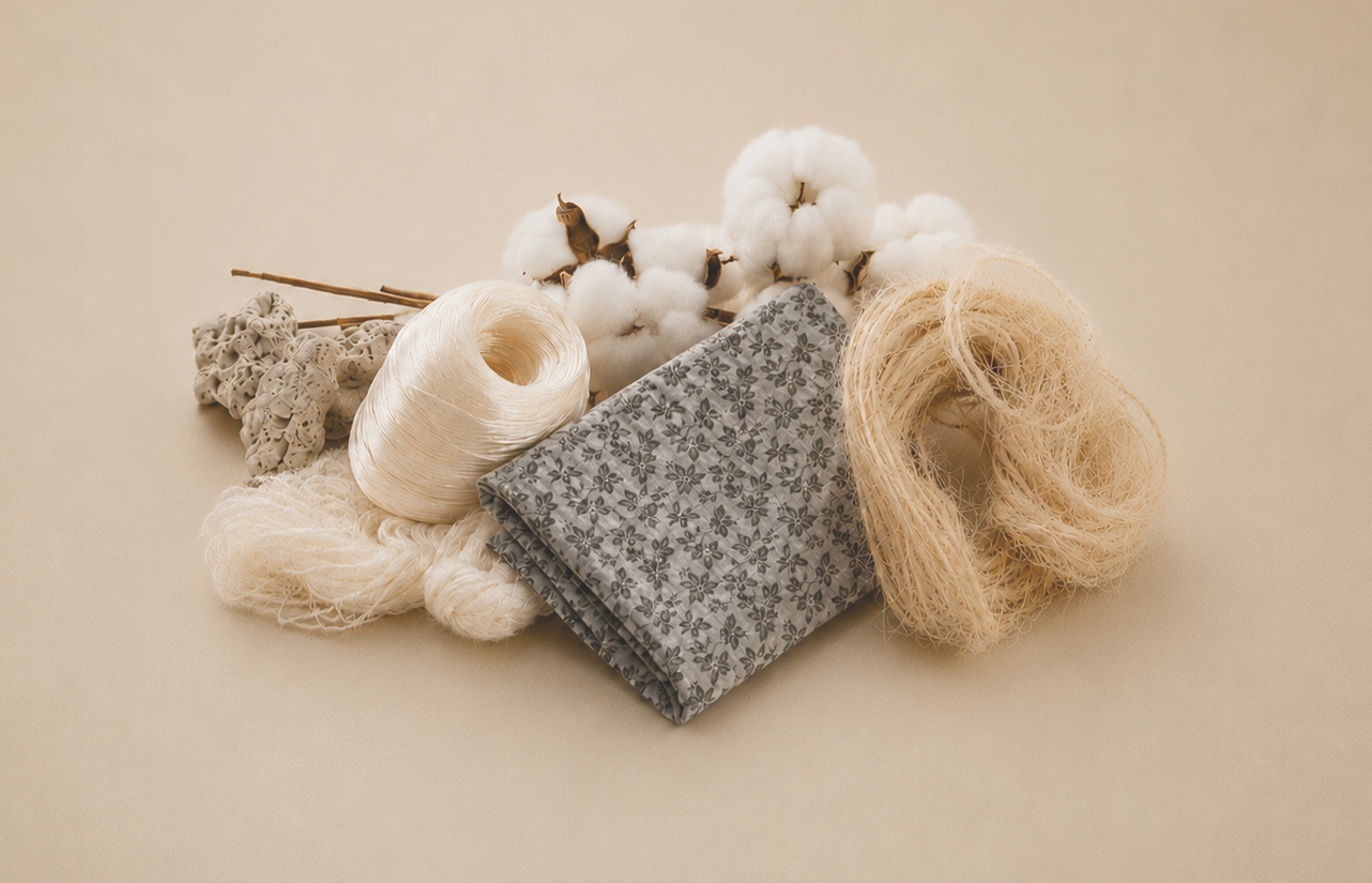 Elfenbeinfarbenes Seidengarn, Baumwollkapseln und natürliche Pflanzenfasern mit gefaltetem Stoff auf warmem Beige