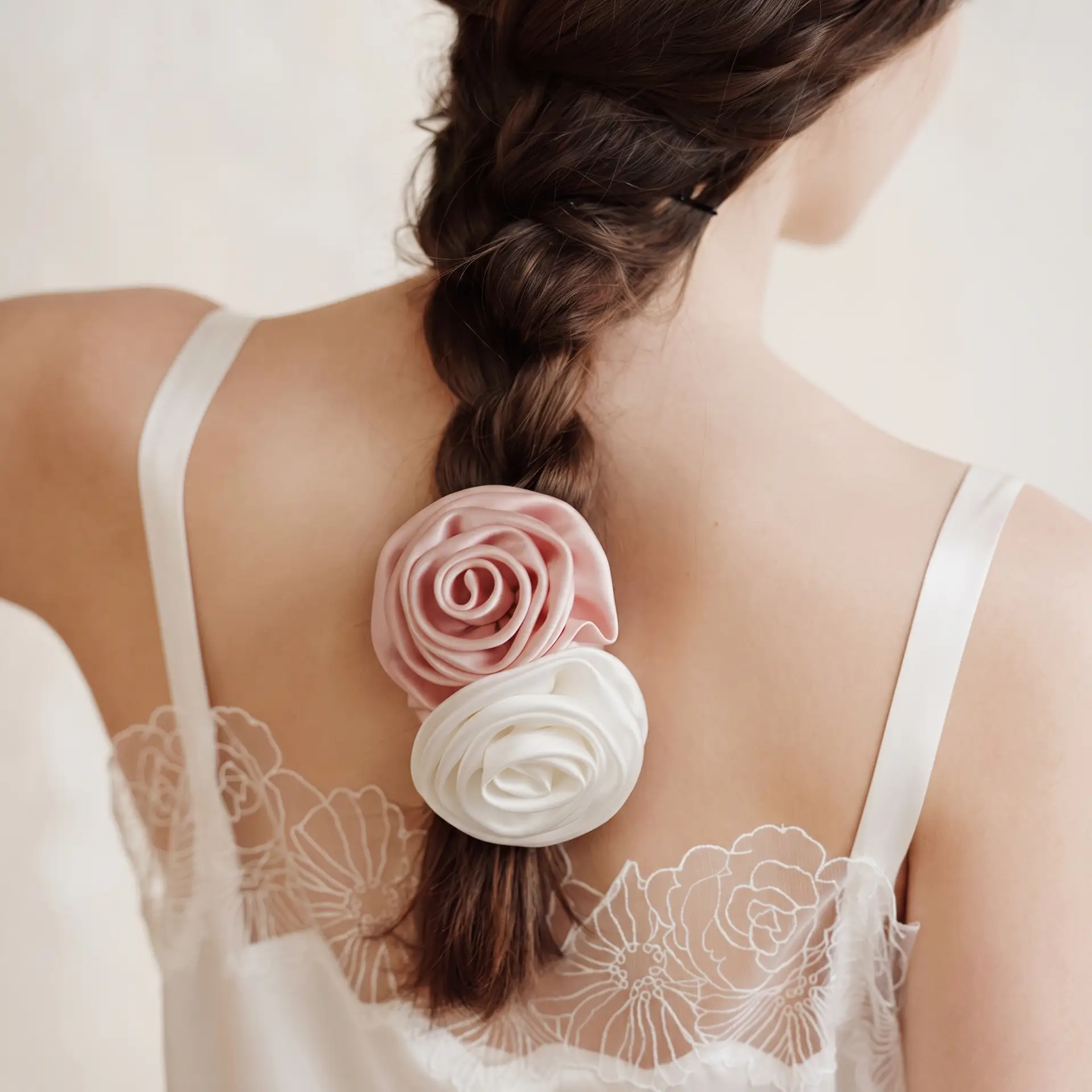 Vrouw met roze en witte scrunchies van moerbeizijde in de vorm van rozen in een gevlochten paardenstaart.