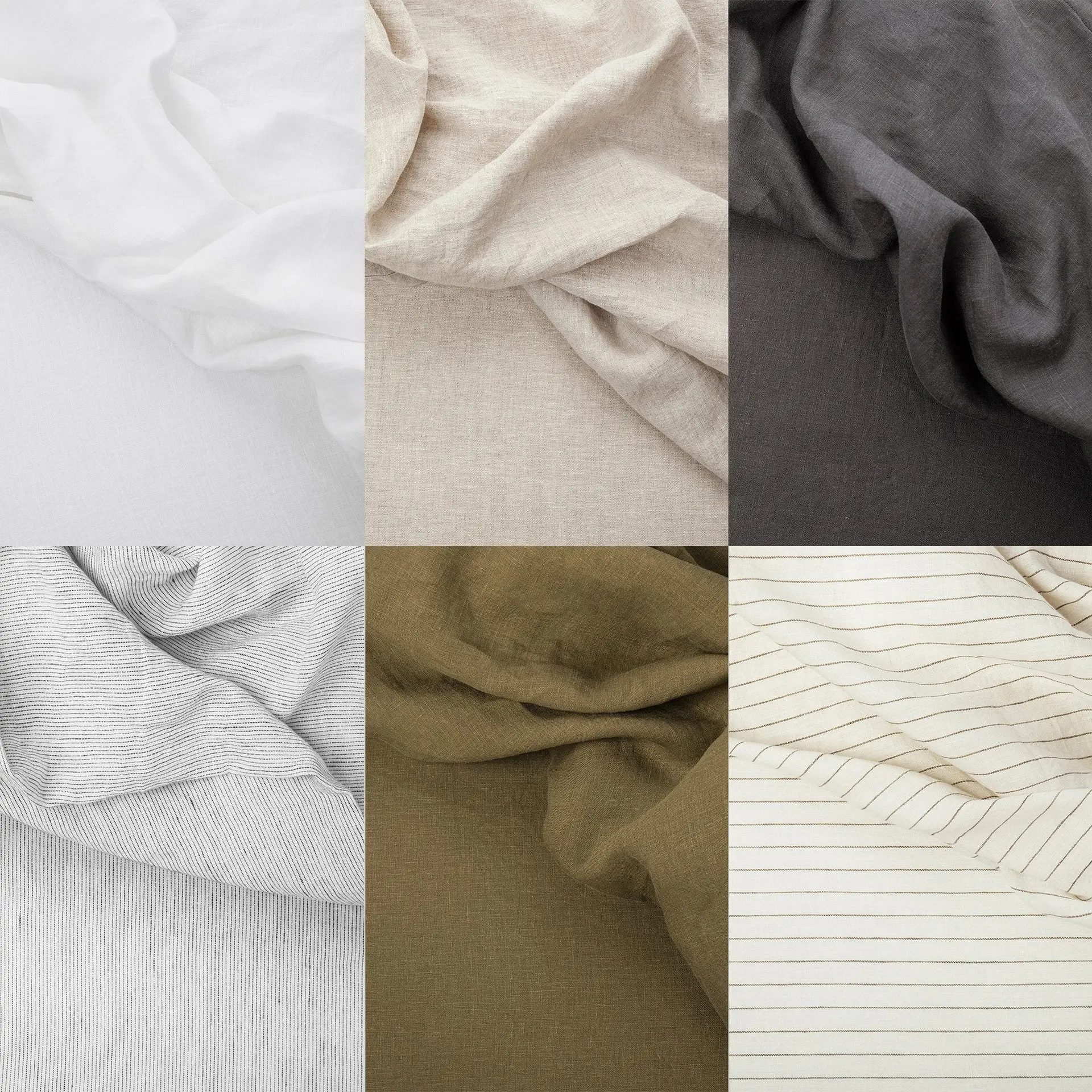 Colores de las fundas de cojín Sensoire de lino francés: blanco, natural, carbón, raya fina, oliva y raya oliva