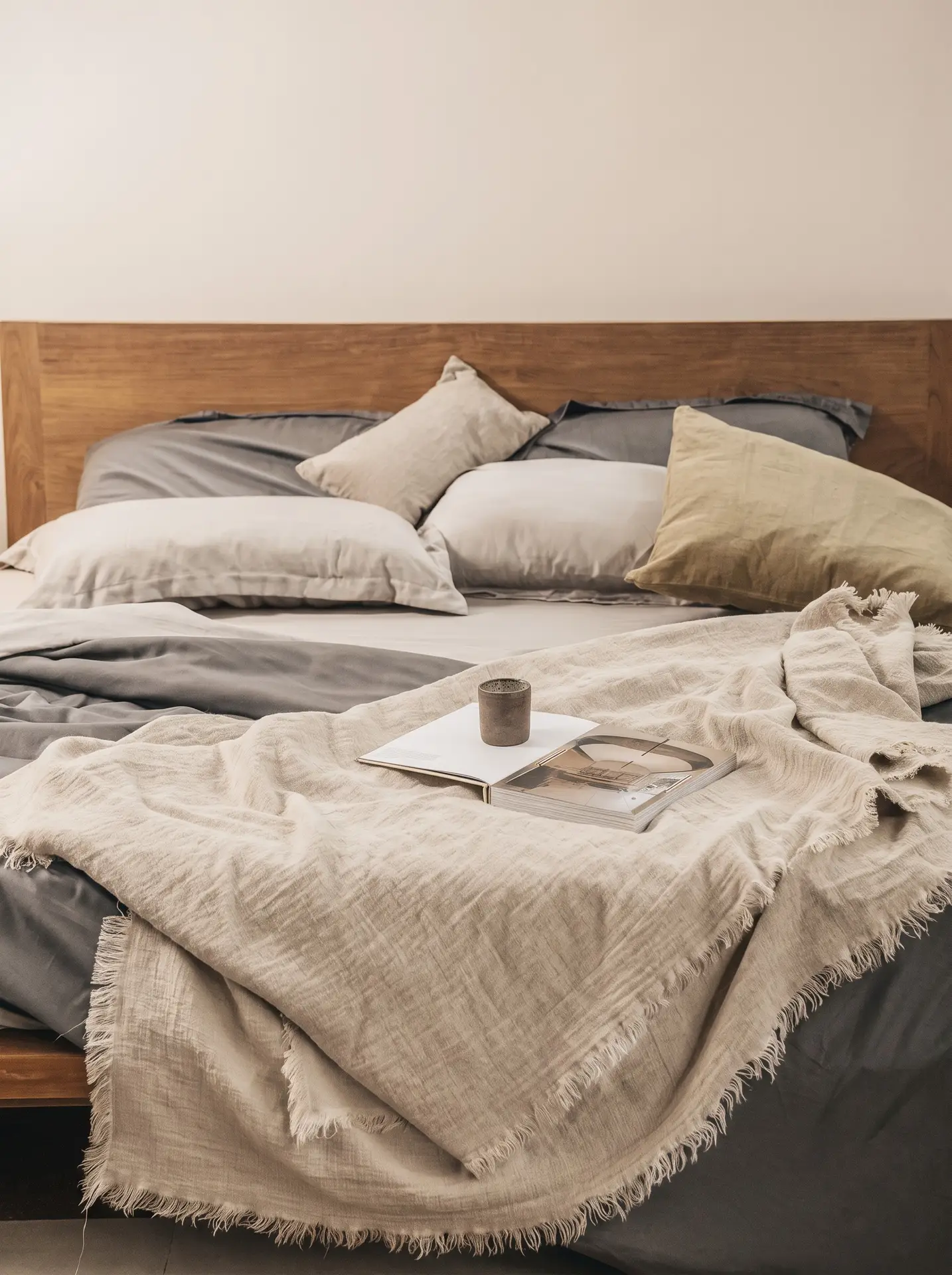 Fundas de cojín Sensoire de lino francés oliva y natural sobre una cama de lino gris
