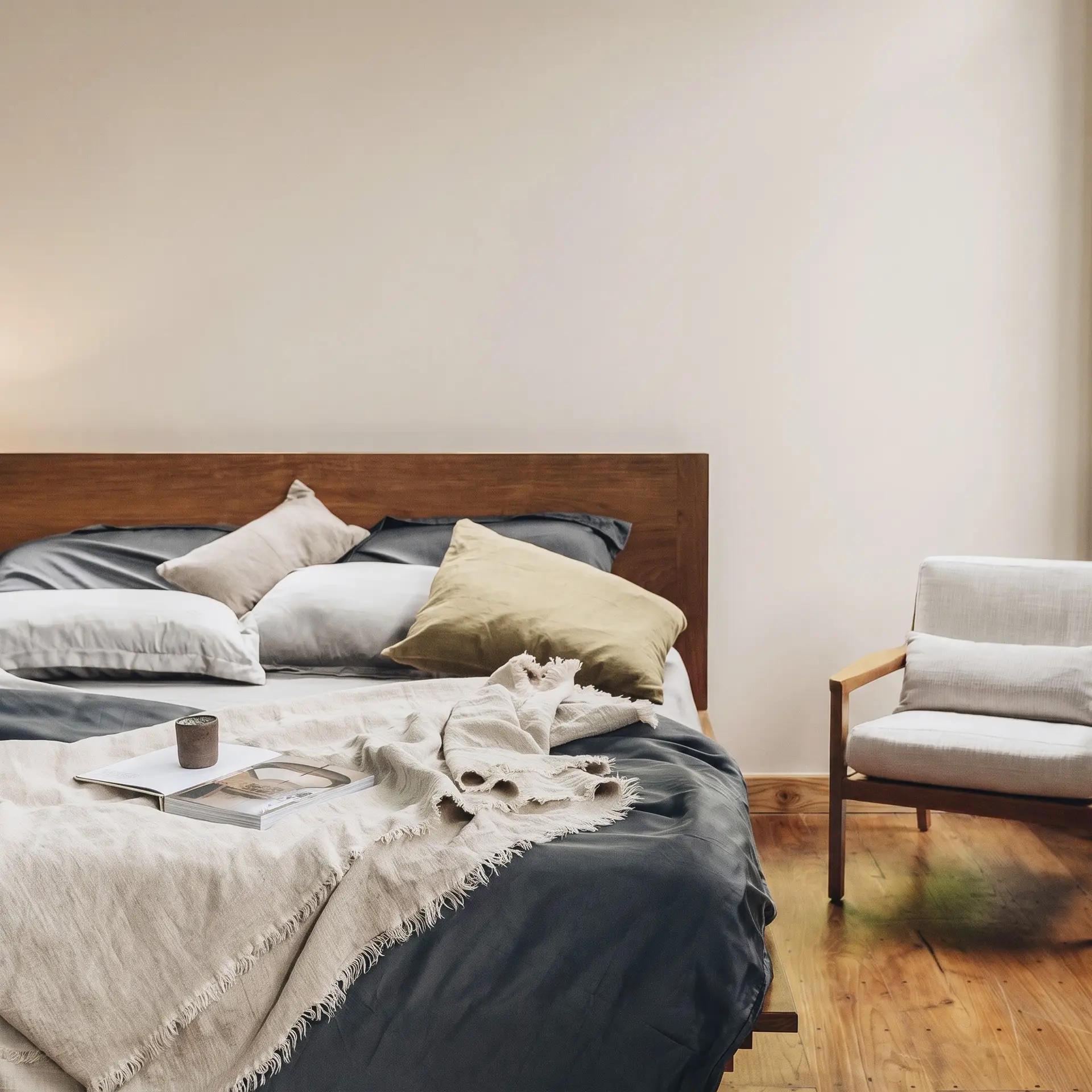 Manta de lino francés Sensoire natural sobre ropa de cama de lino carbón en un dormitorio minimalista