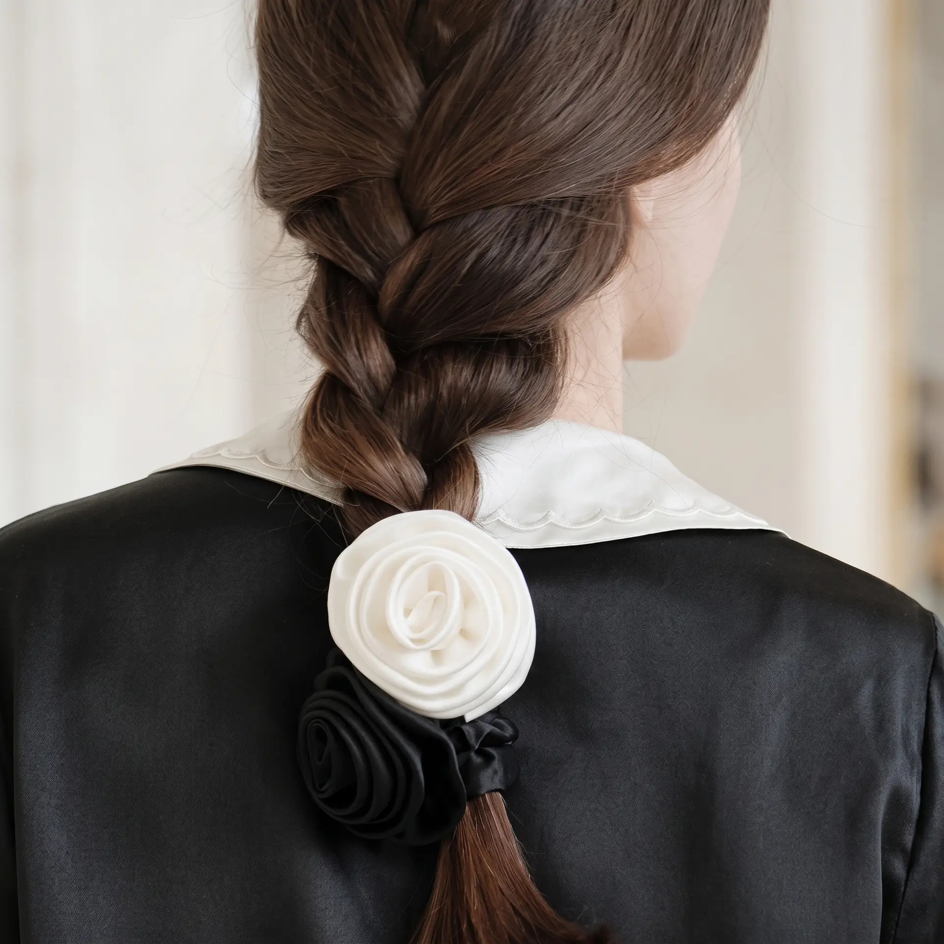 Vrouw met witte en zwarte scrunchies van moerbeizijde in de vorm van rozen in een gevlochten paardenstaart.