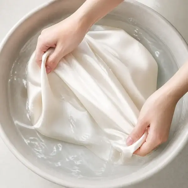 Handen wassen een ivoorkleurige zijden kussensloop in koel water