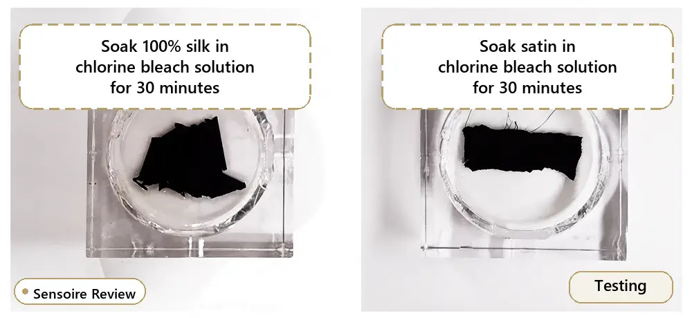 Échantillons de soie et de satin immergés séparément dans une solution d'eau de Javel pendant 30 minutes