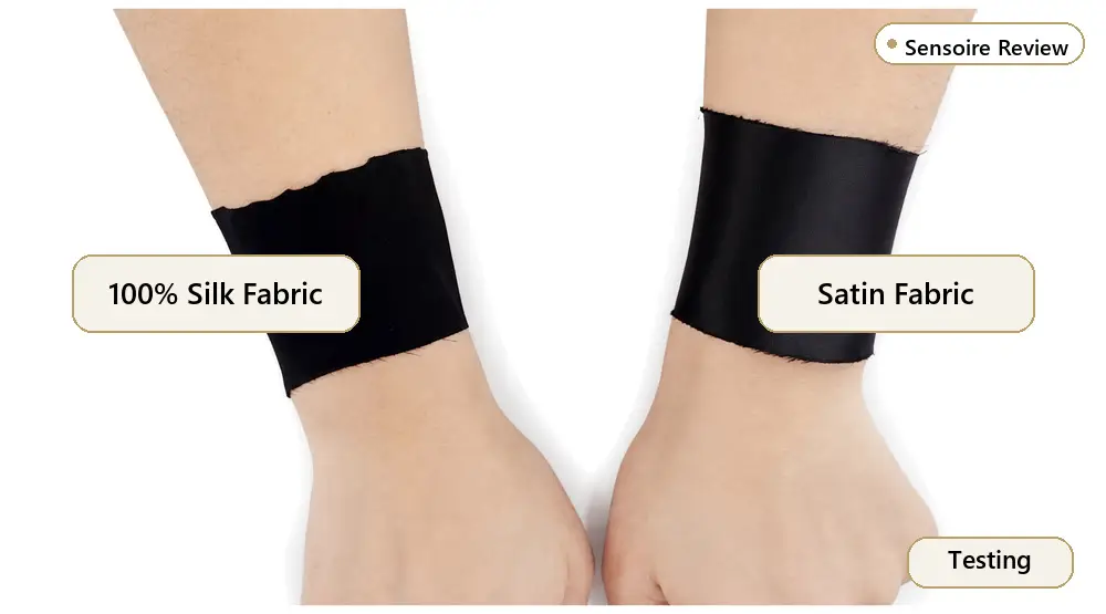 De la soie noire enroulée autour d'un poignet et du satin autour de l'autre pendant la comparaison d'une heure