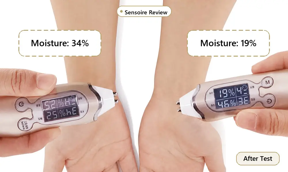 Deux mesures d'humidité au poignet après le test : 34 % côté soie et 19 % côté satin.