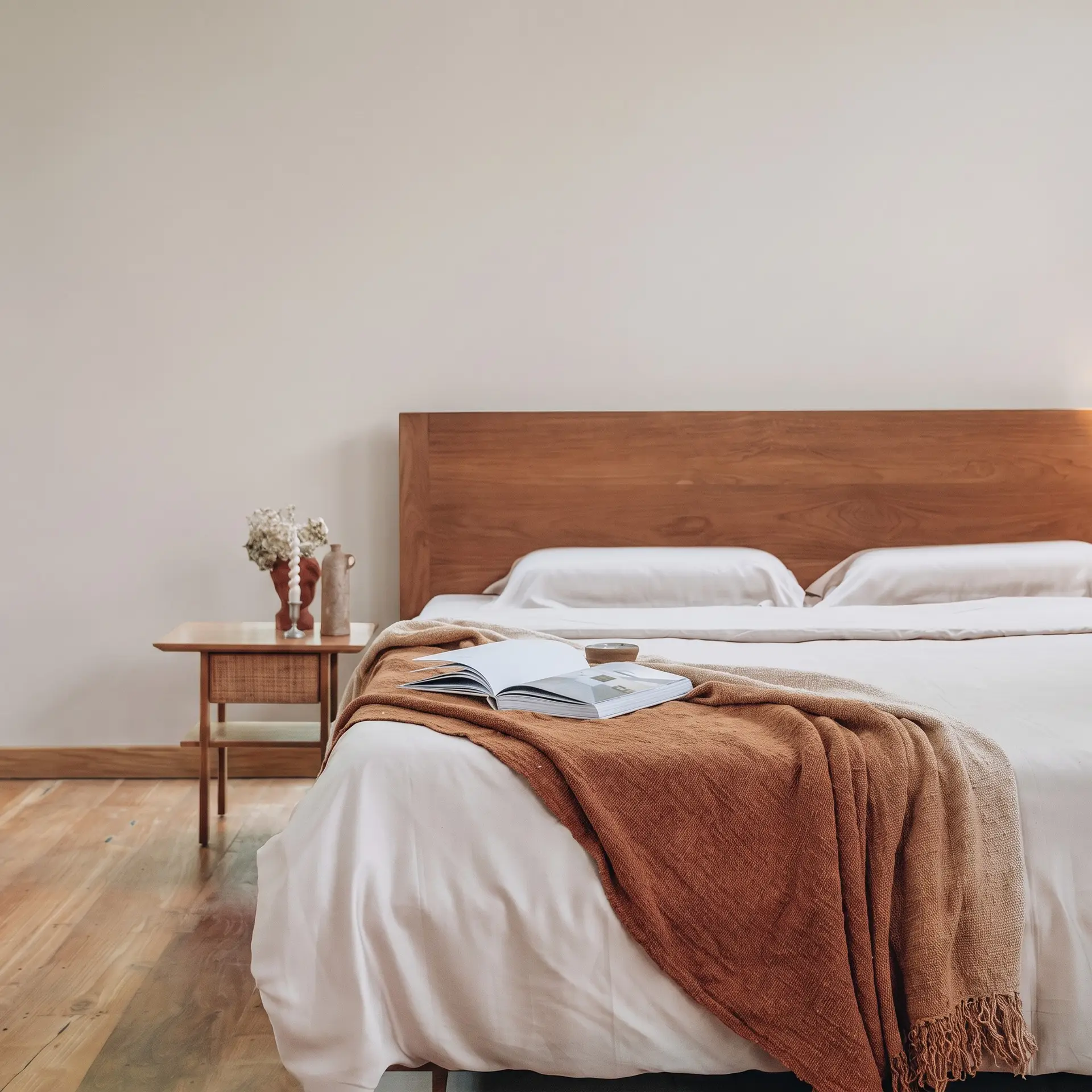 Weißer Sensoire Bettbezug aus Bambus-Lyocell auf einem Bett mit rostfarbener Tagesdecke und aufgeschlagener Zeitschrift