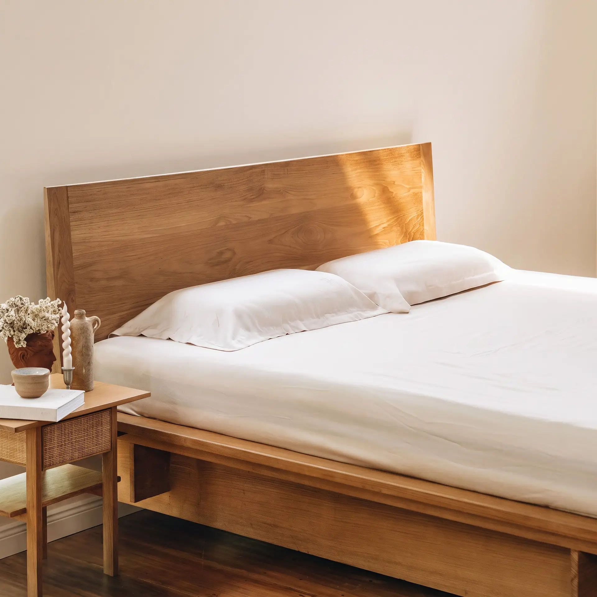 Sandfarbene Bettwäsche aus Bambus-Lyocell auf einem Bett mit Trockenblumen und einer Terrakotta-Büste auf einem Nachttisch.