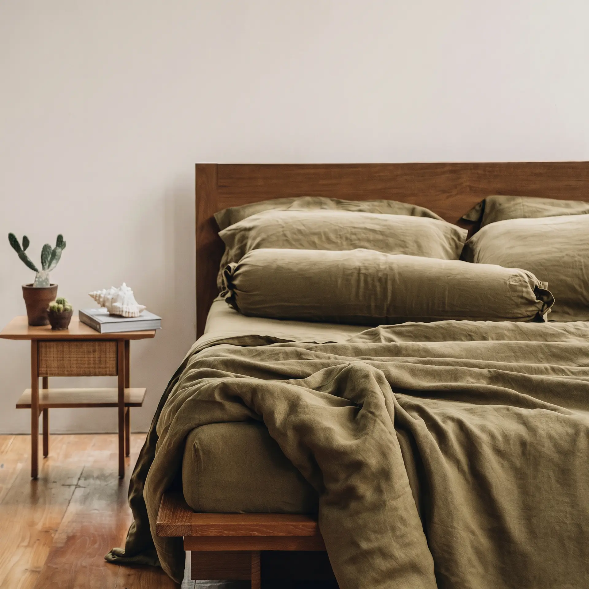 Bettbezug aus olivfarbenem gewaschenem Leinen in einem ruhigen Schlafzimmer