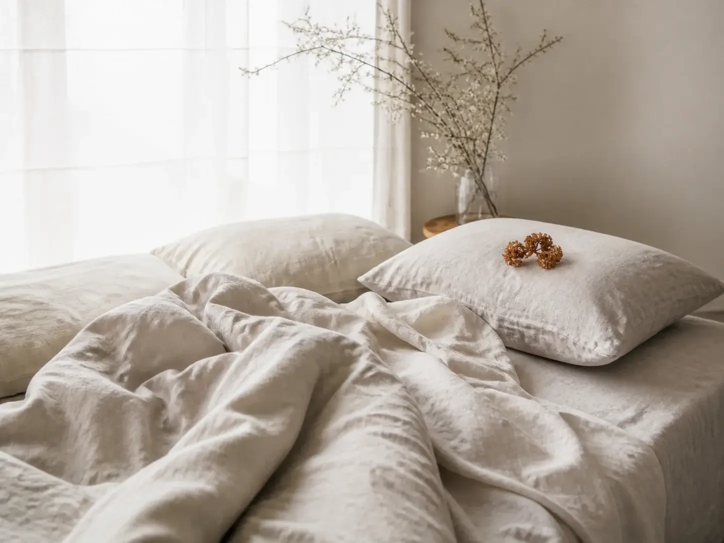 Cama de lino natural deshecha junto a una ventana con luz suave de mañana