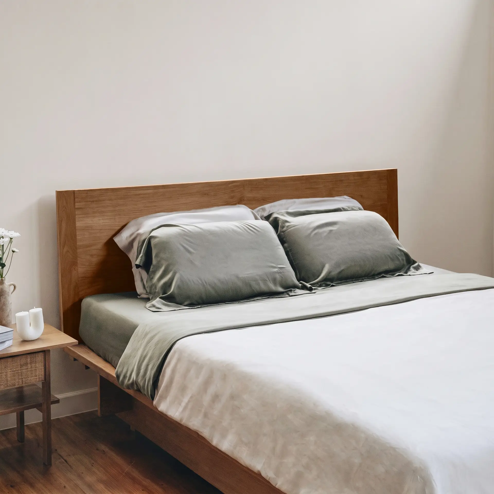 Moosgrüne Kissenbezüge aus Bambus-Lyocell auf Kissen in einem ruhigen, neutralen Schlafzimmer.