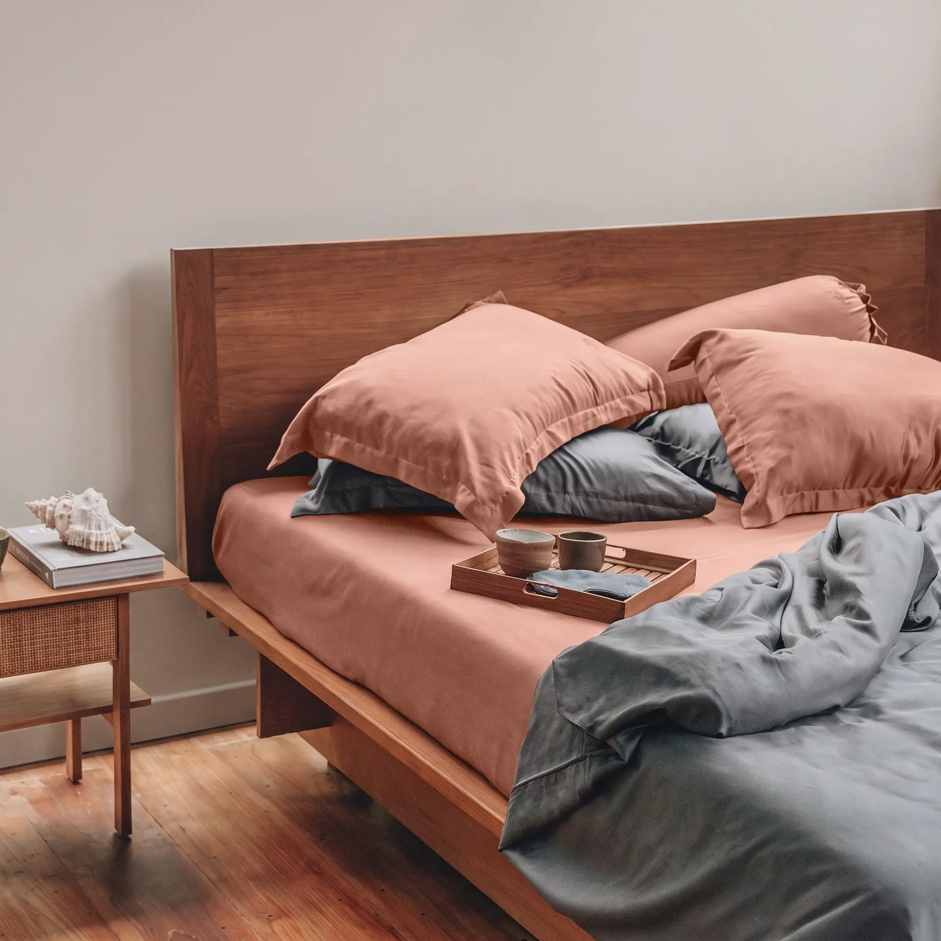 Kissenbezüge aus Bambus-Lyocell in verschiedenen Farben sind auf einem ordentlich gemachten Bett arrangiert.