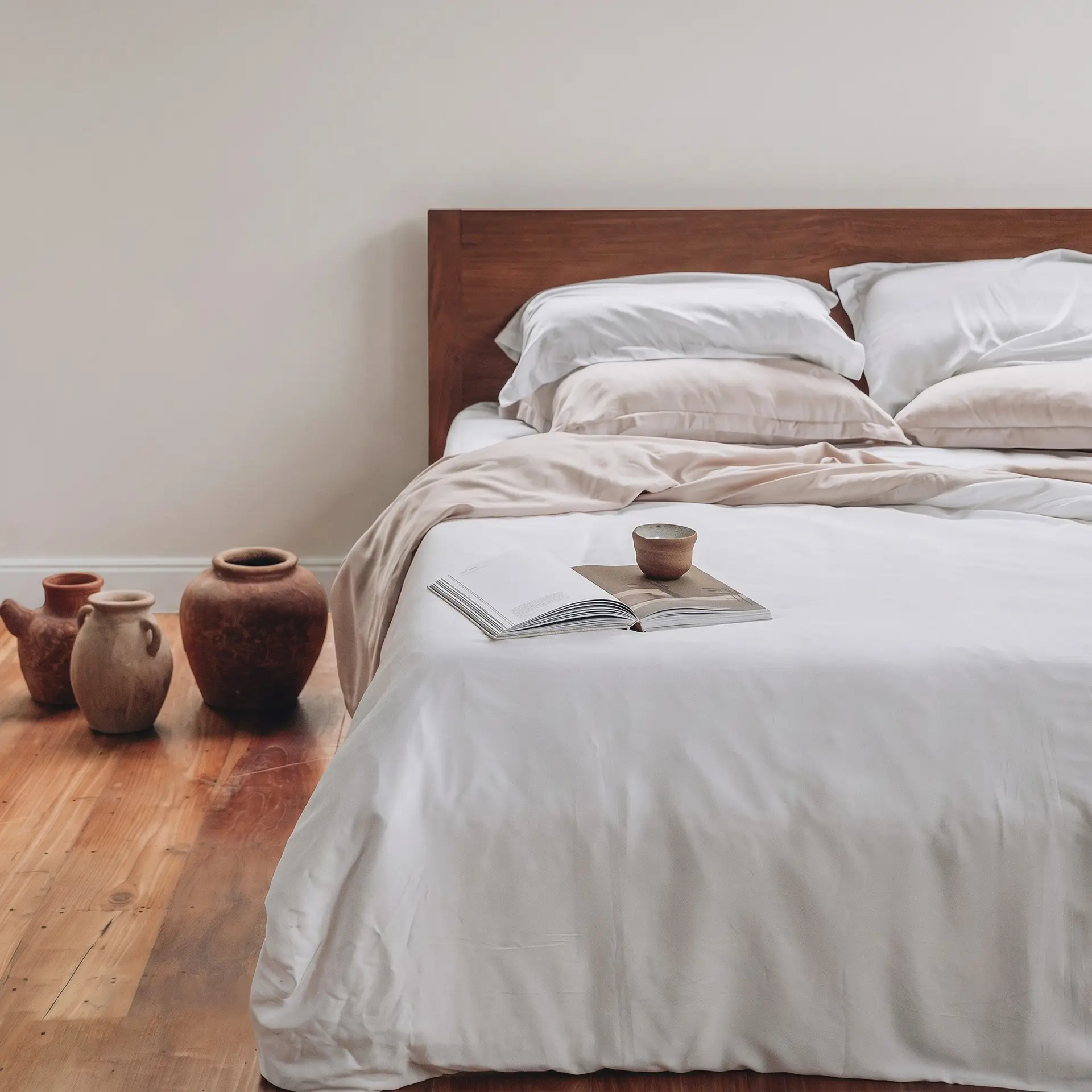 Kissenbezüge aus Bambus-Lyocell in verschiedenen Farben auf einem Bett mit neutraler Bettwäsche.