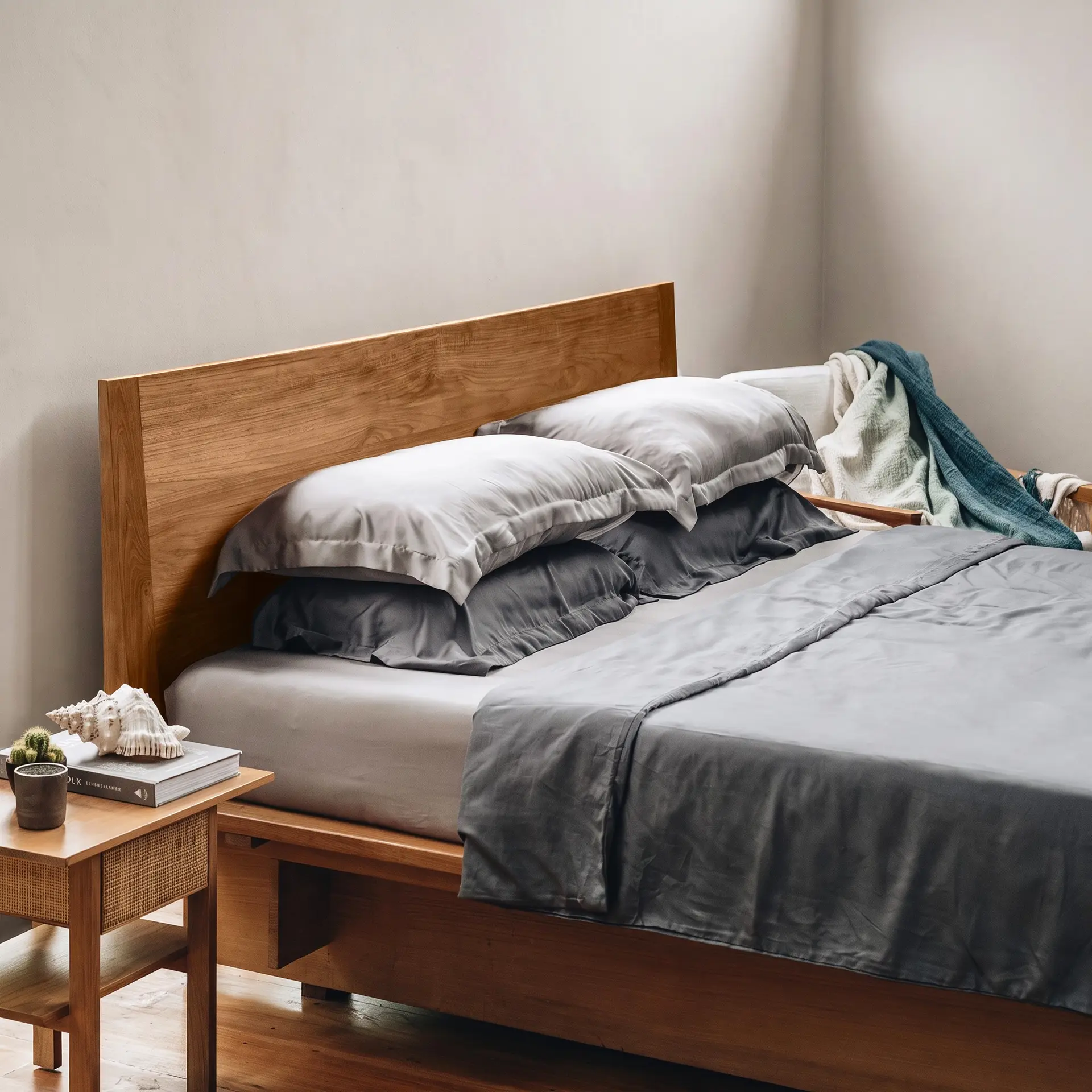 Kissenbezüge aus Bambus-Lyocell in mehreren Farben, auf Kissen geschichtet, in einem sanften, neutralen Schlafzimmer