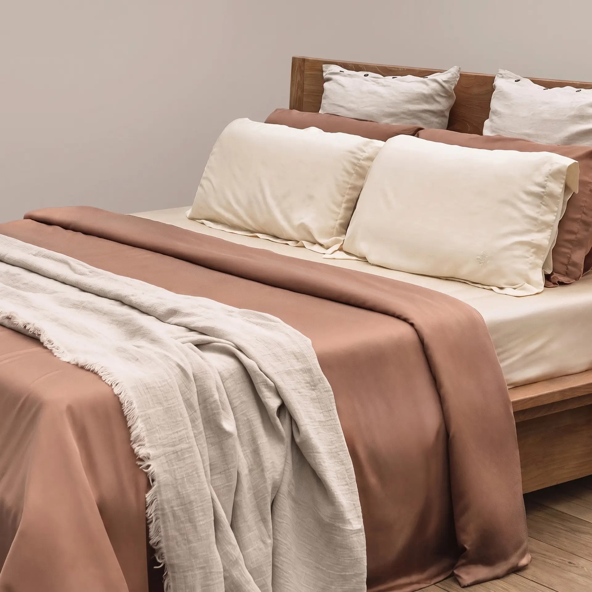 Kissenbezüge aus Bambus-Lyocell in verschiedenen Farben liegen zusammen auf einem gemachten Bett.