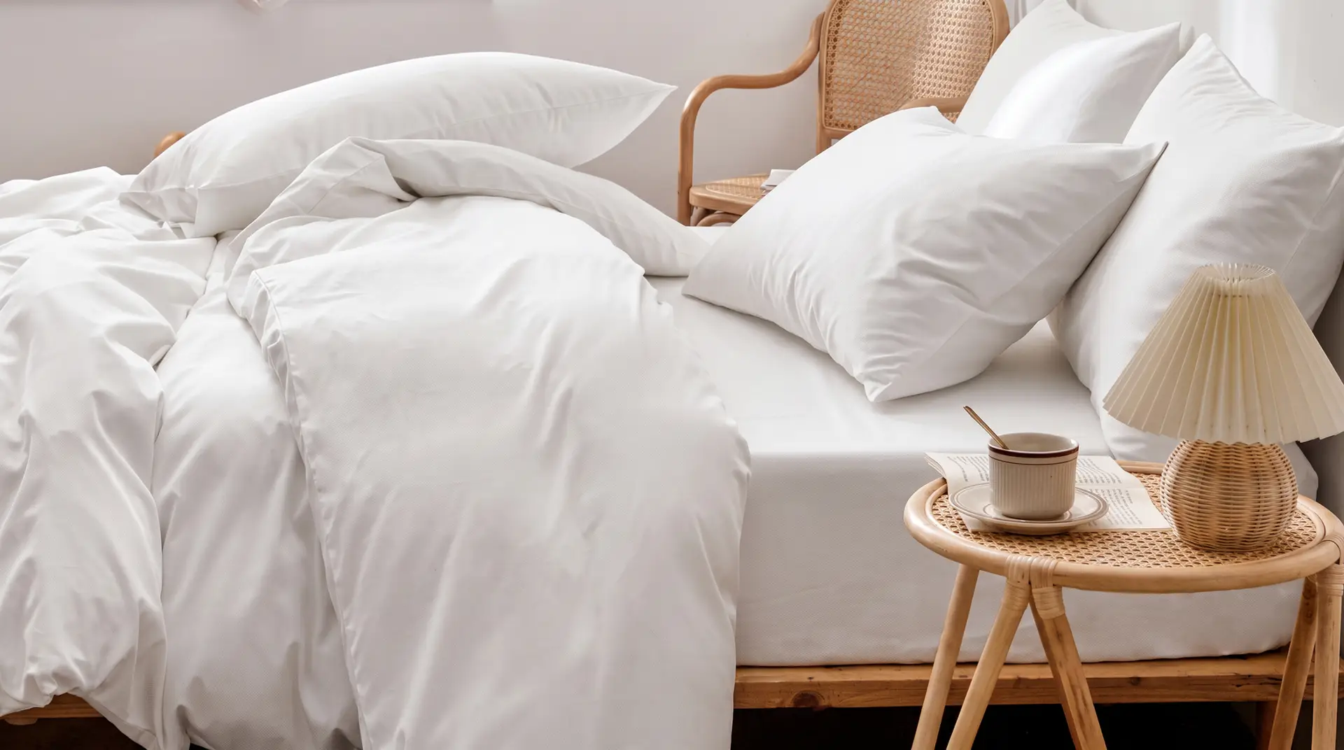 Weiße Bambus-Lyocell-Bettwäsche auf einem Bett in einem ruhigen, hellen Schlafzimmer
