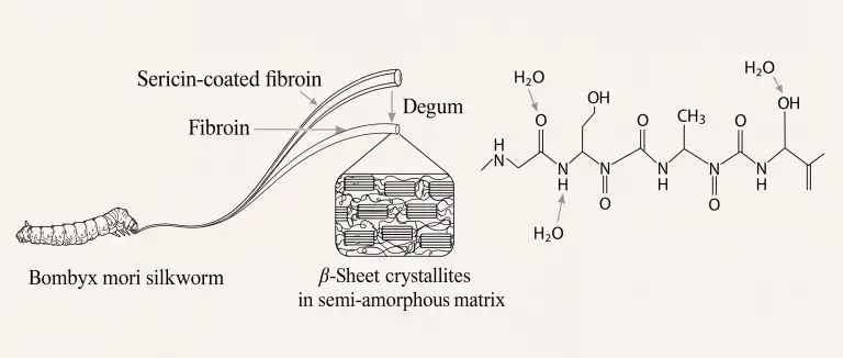 Schéma de la fibroïne de Bombyx mori : retrait de la séricine, cristallites en feuillets bêta et structure moléculaire