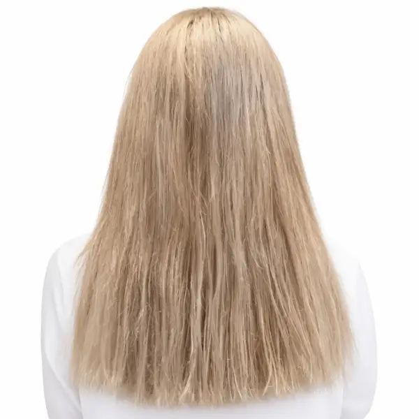 Achteraanzicht van lang, steil, gekleurd blond haar