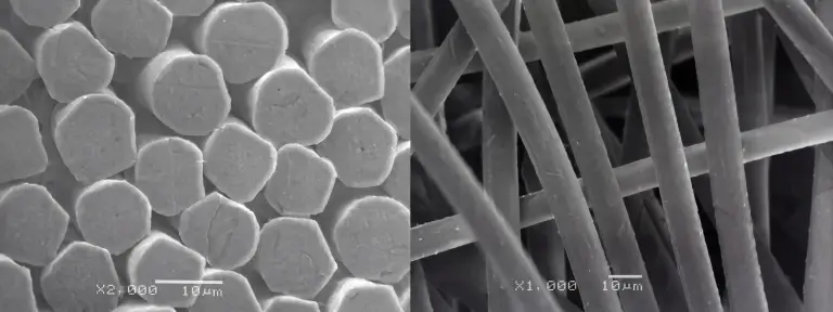 Elektronenmicroscopische opnamen van bamboe-lyocellvezel: ronde dwarsdoorsnede, glad in lengteaanzicht