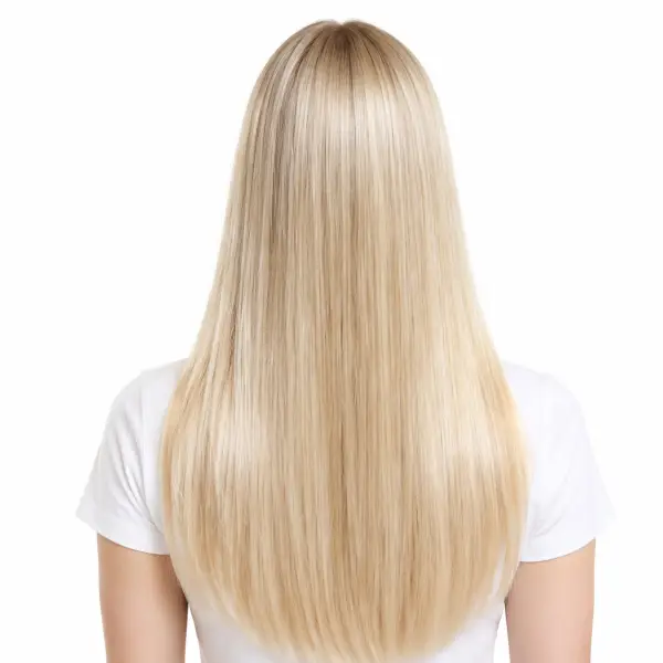 Achteraanzicht van lang, steil lichtblond haar