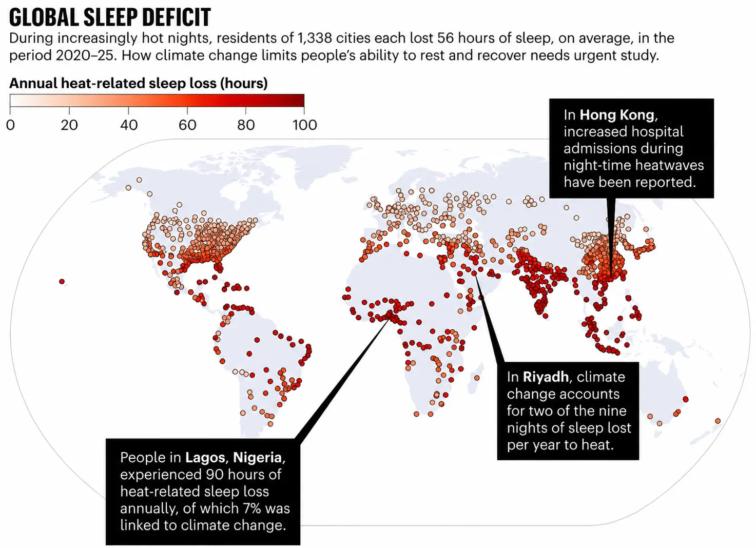 Mappa mondiale della perdita annuale di sonno legata alle notti calde in oltre 1.300 città, dal 2020 al 2025
