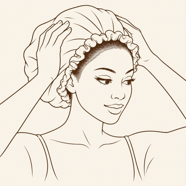 Lijntekening van een bonnet met ruchesrand die naar achteren over de kruin wordt geschoven