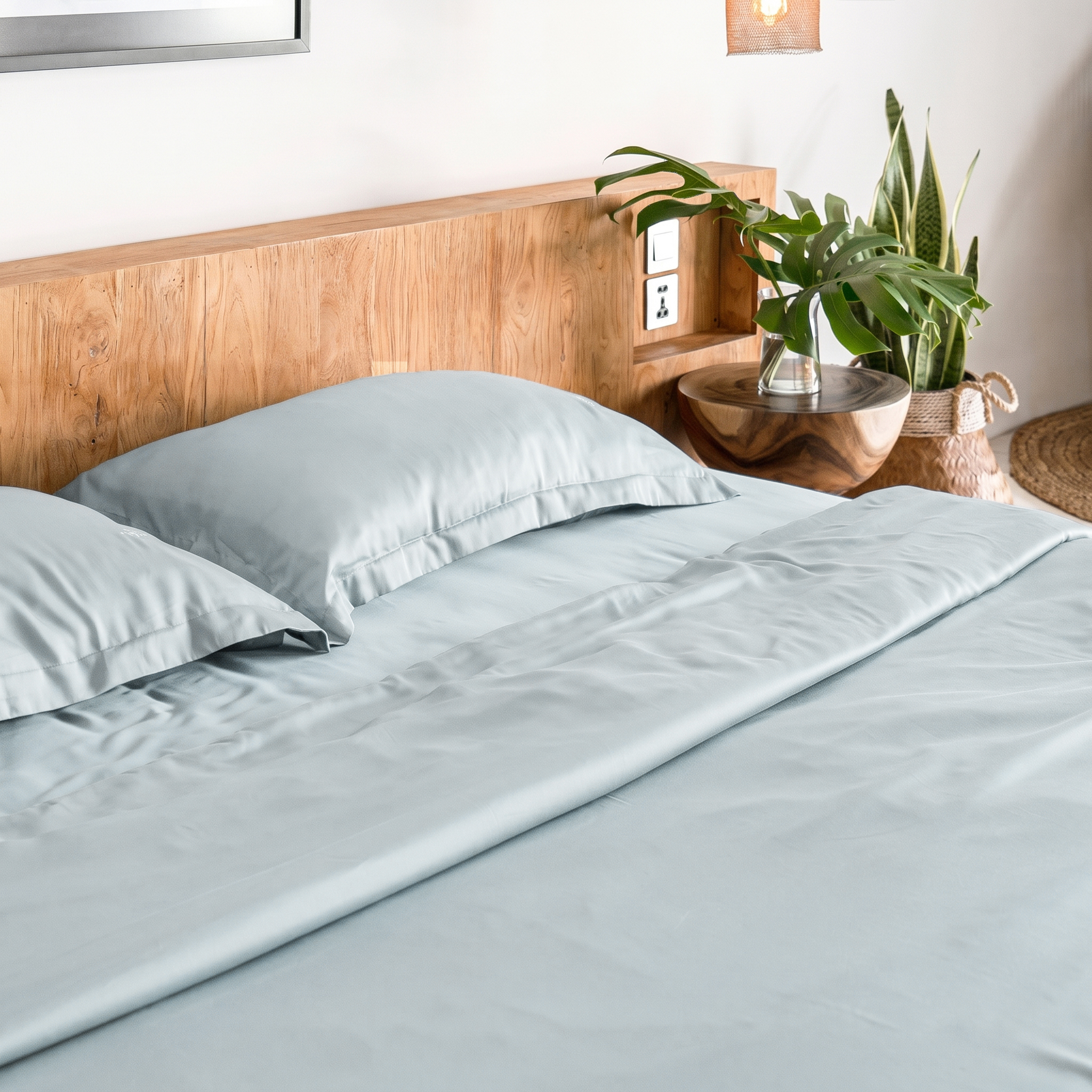 Sensoire-Bettwäsche aus himmelblauem Bambus-Lyocell auf einem Bett neben einem hölzernen Nachttisch und grünen Pflanzen.