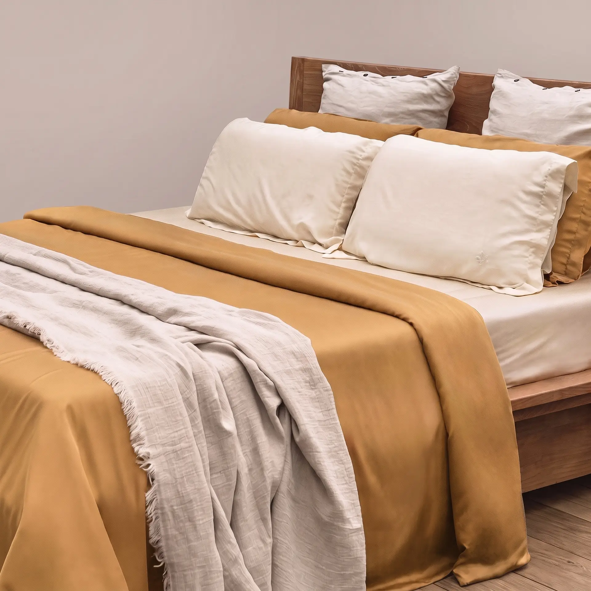 Senffarbenes Bambus-Lyocell-Bettlaken von Sensoire auf einem Bett mit cremefarbenen Kissen und einem Leinenplaid