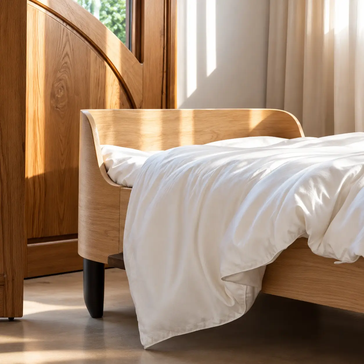 Une couette en soie blanche posée sur un cadre de lit en chêne dans la lumière du matin