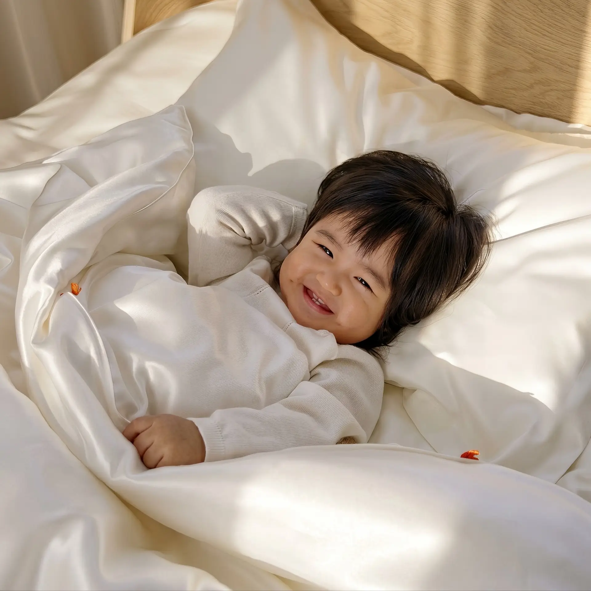 Un enfant souriant allongé sous du linge de lit en soie blanche dans une chambre ensoleillée