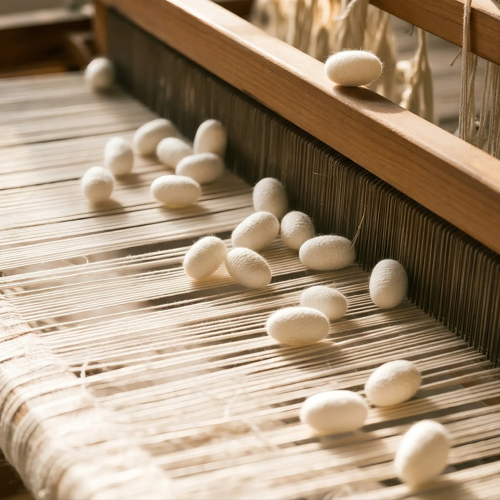 Cocons de ver à soie blancs posés sur un métier en bois tendu de chaîne en soie grège