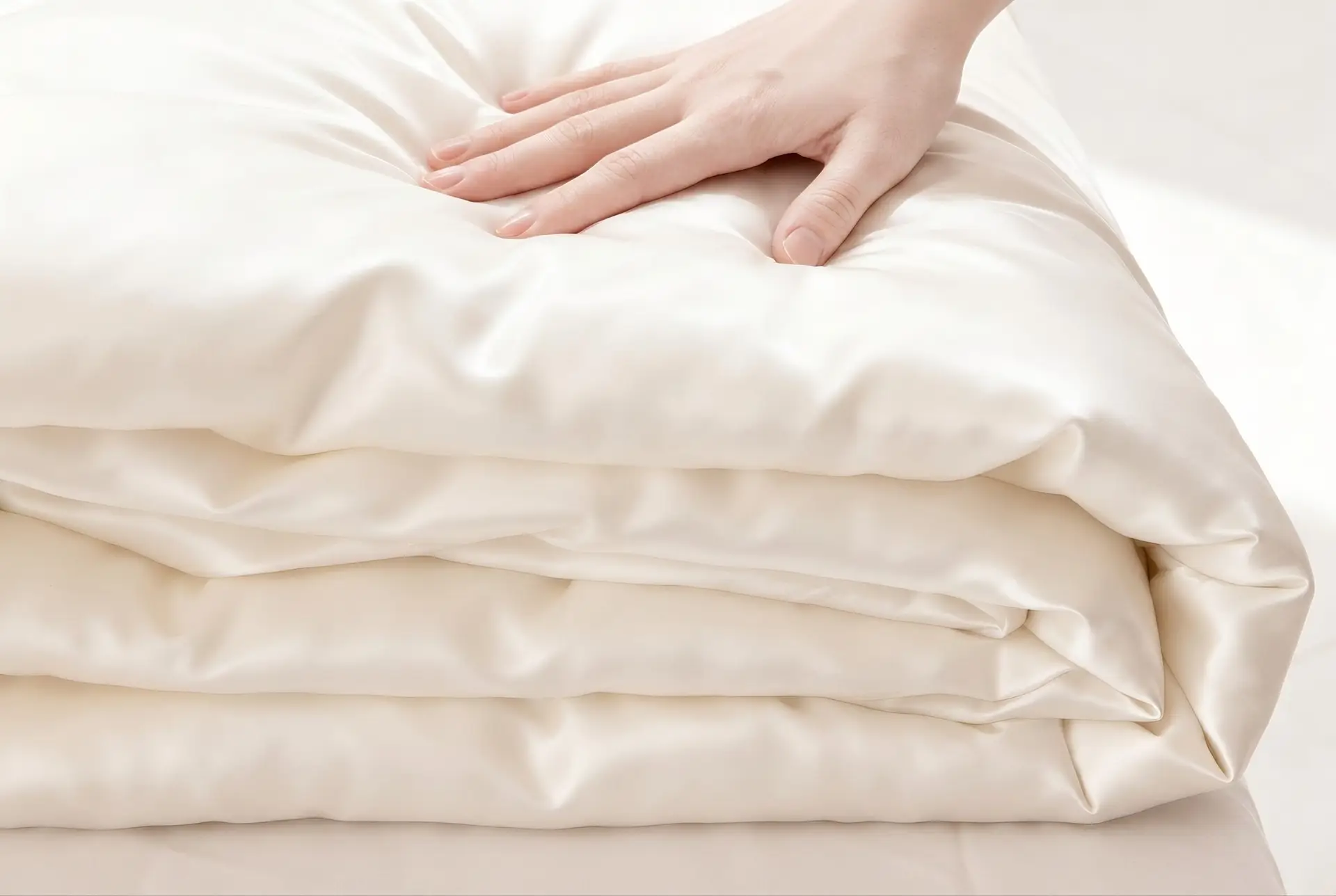 Une main pressant doucement une pile de couettes en soie de mûrier crème pliées