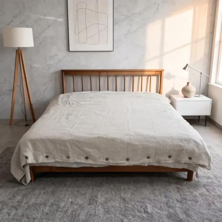 Bettbezug aus Hanf in Natur mit Kokosnussknöpfen auf einem Holzbett