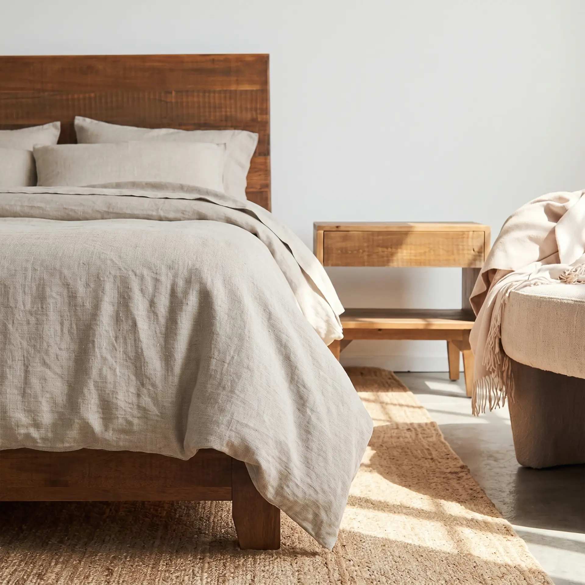 Bettbezug-Set aus Hanf in Natur, im sanften Tageslicht auf einem Bett arrangiert