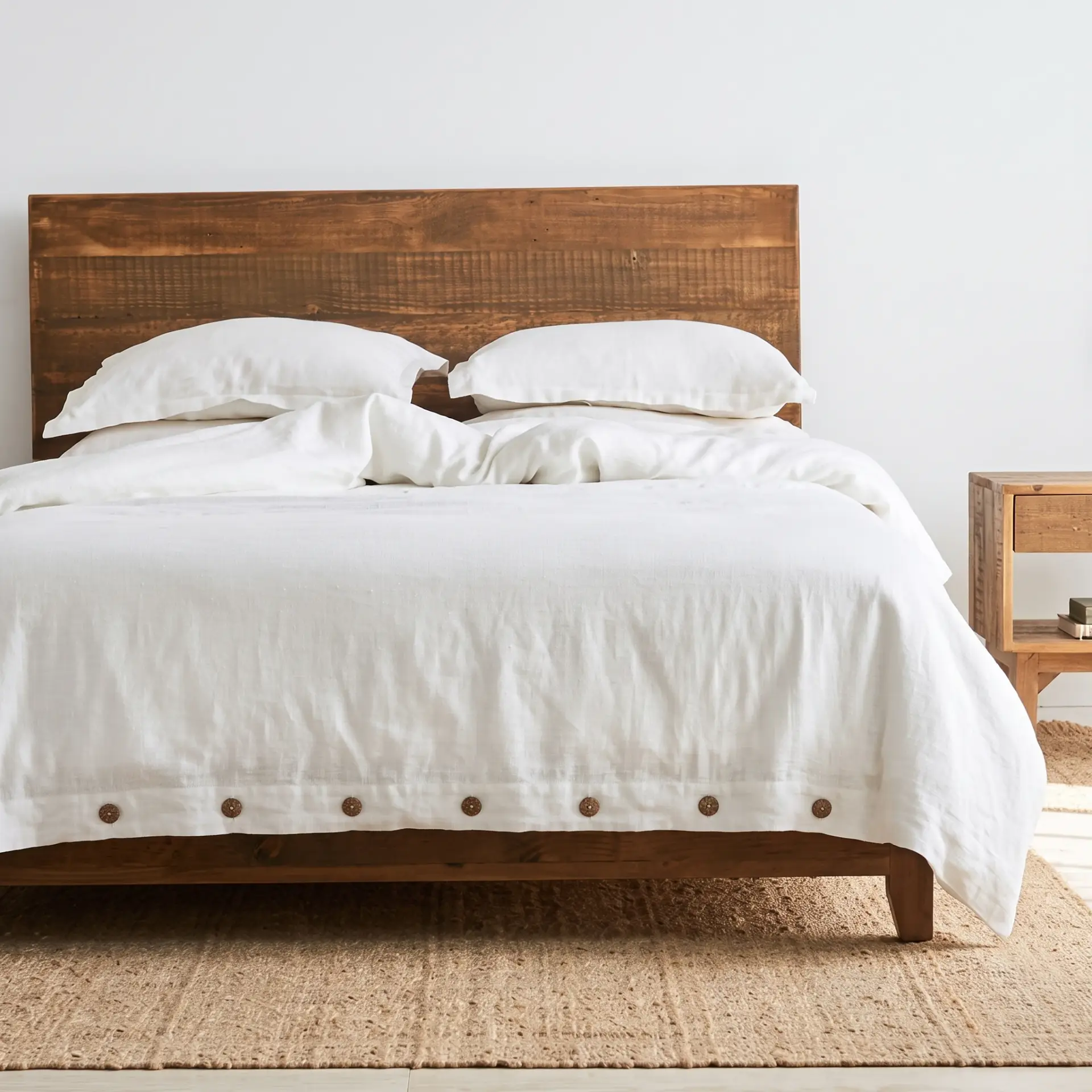 Bettbezug-Set aus Hanf in Weiß mit Kokosnussknöpfen auf einem Holzbett