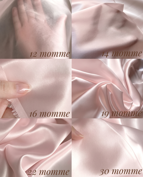 Roze zijde vergeleken in 12, 14, 16, 19, 22 en 30 momme