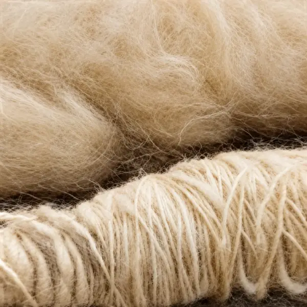 Gekamde beige vezels, uitgetrokken tot een losse streng