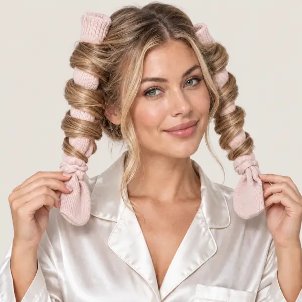 Vrouw met het haar in losse spiralen om twee roze sokken gedraaid