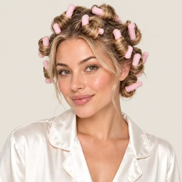 Vrouw met het haar ingedraaid in kleine roze flexibele krulspelden